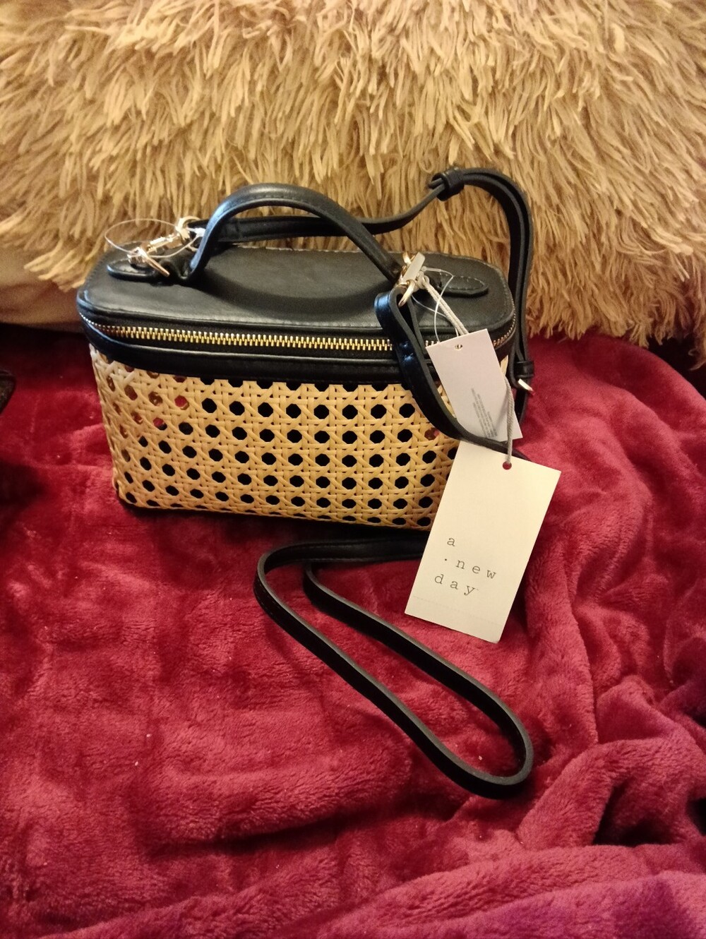 "a new day" Black and Natural Woven Vanity Crossbody Bag